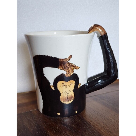 Pier 1 One Monkey Hand Painted Stoneware Mug Coffee Cup w/ 3D Arm Handle Chimp - Picture 1 of 9